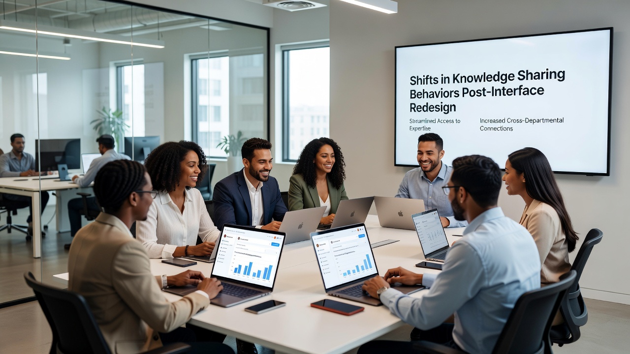 Analytics dashboard displaying knowledge sharing metrics before and after interface changes
